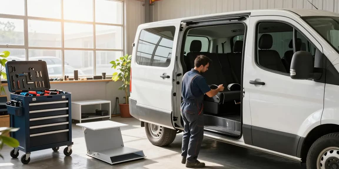 Allestimento furgoni prezzi: meccanico al lavoro nella personalizzazione di un furgone con attrezzi e mobili modulari.