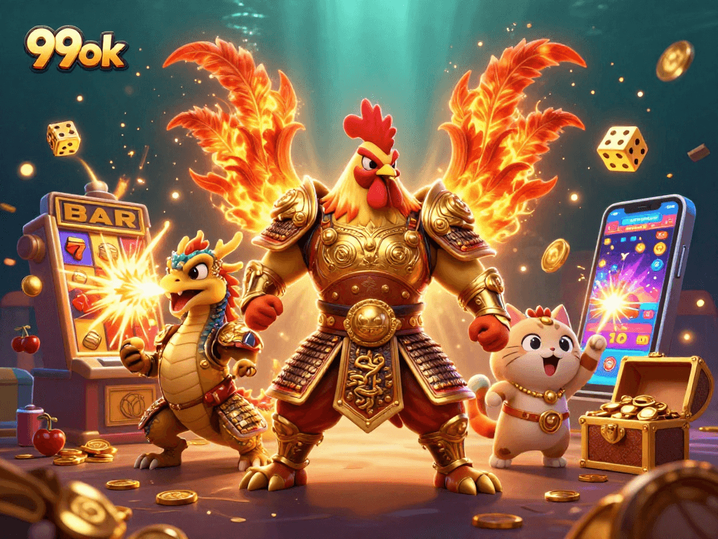 Spin the reels with 99ok's vibrant 3D casino scene of a rooster warrior and dragon hatchling.