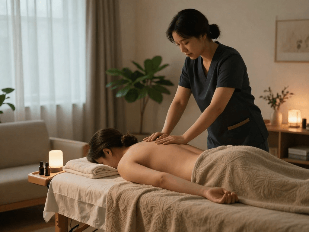 시흥출장마사지 offered in a peaceful home setting with a professional therapist and tranquil atmosphere.
