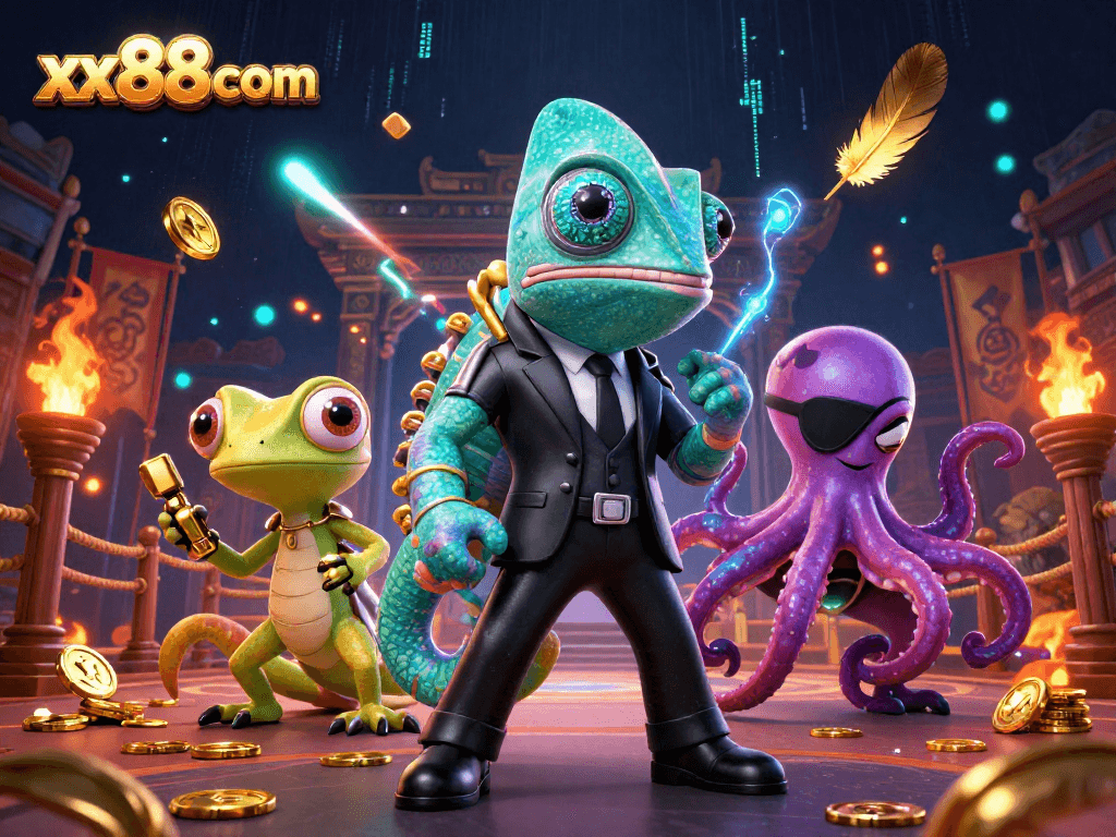 xx88com showcases a thrilling casino scene with a secret agent chameleon, golden gadgets, and an eye-patch octopus.