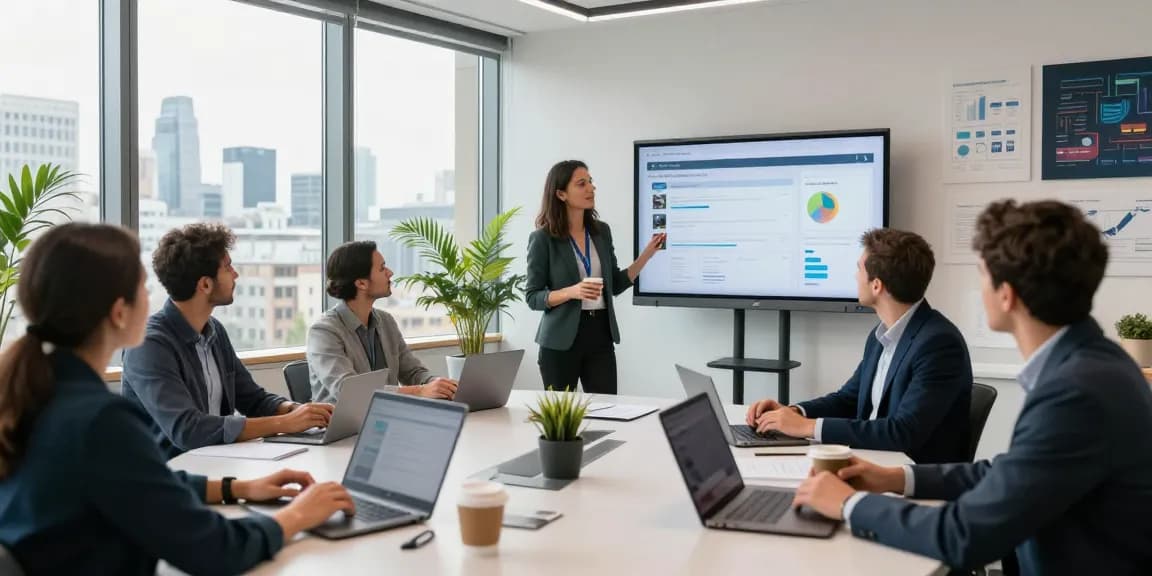 IT helpdesk services London team engaging in collaboration and analytics presentation in a modern office
