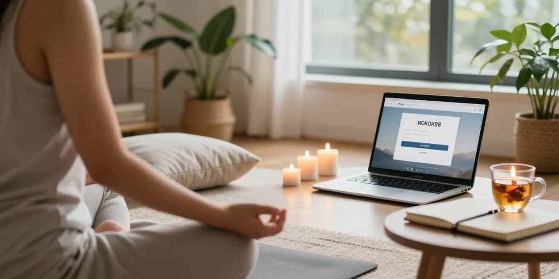 Mindfulness meditation in a cozy space with ROKOK88 login on the laptop, promoting wellness.