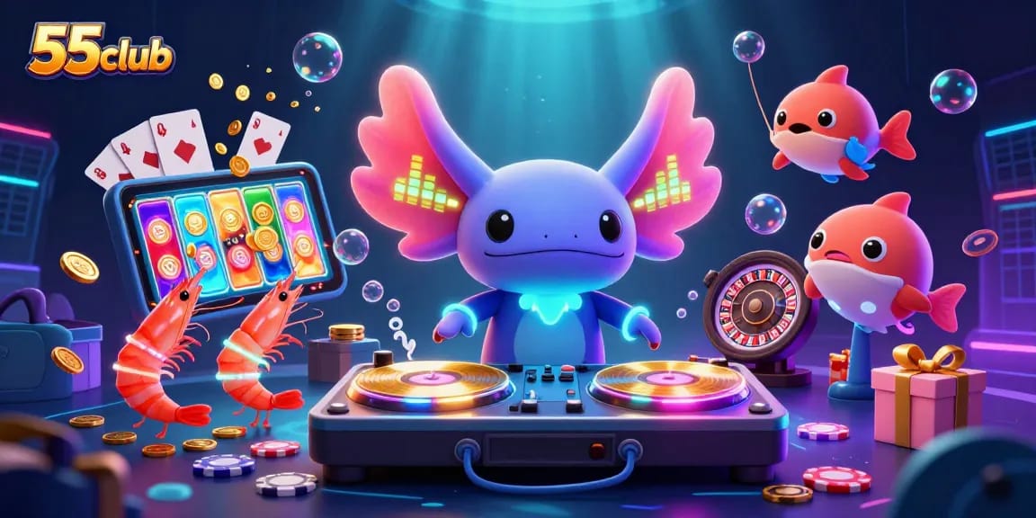 Spin to win with 55club's neon axolotl DJ and vibrant underwater gambling scene.