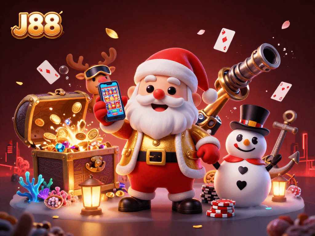 Join the excitement with J88 as Santa, his reindeer dealer, and a poker chip snowman celebrate jackpots!