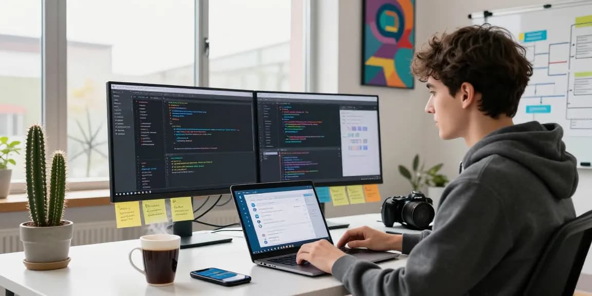Developer working on Telegram web version in a modern workspace.