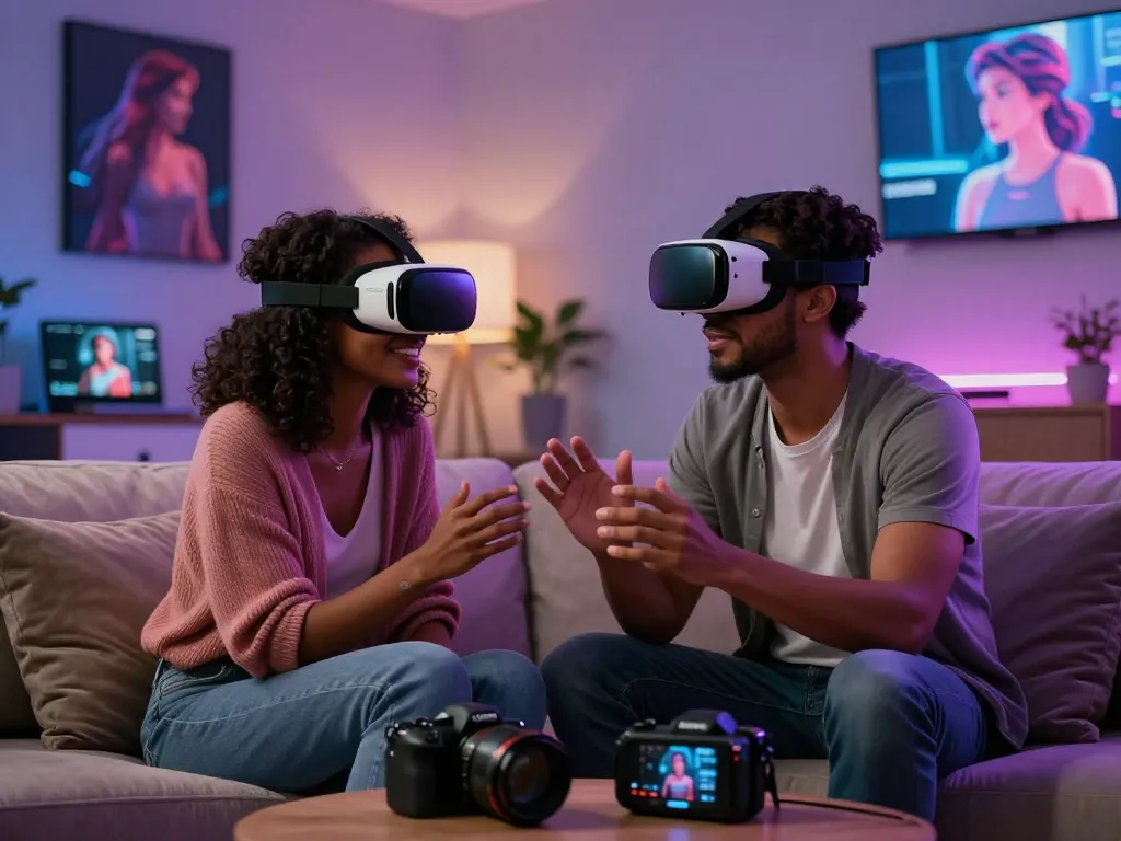 Couple exploring ai sex technology surrounded by VR and digital art in a cozy setting.