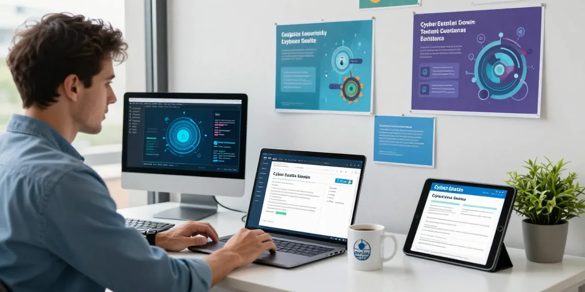 Consultant discussing cyber essentials quote in modern workspace with certification dashboard and compliance software.