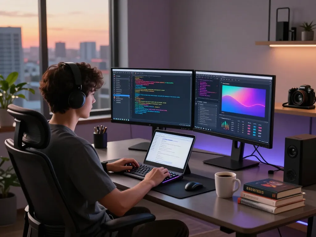 Developer engaging with clawdbot in a modern tech workspace with dual monitors.