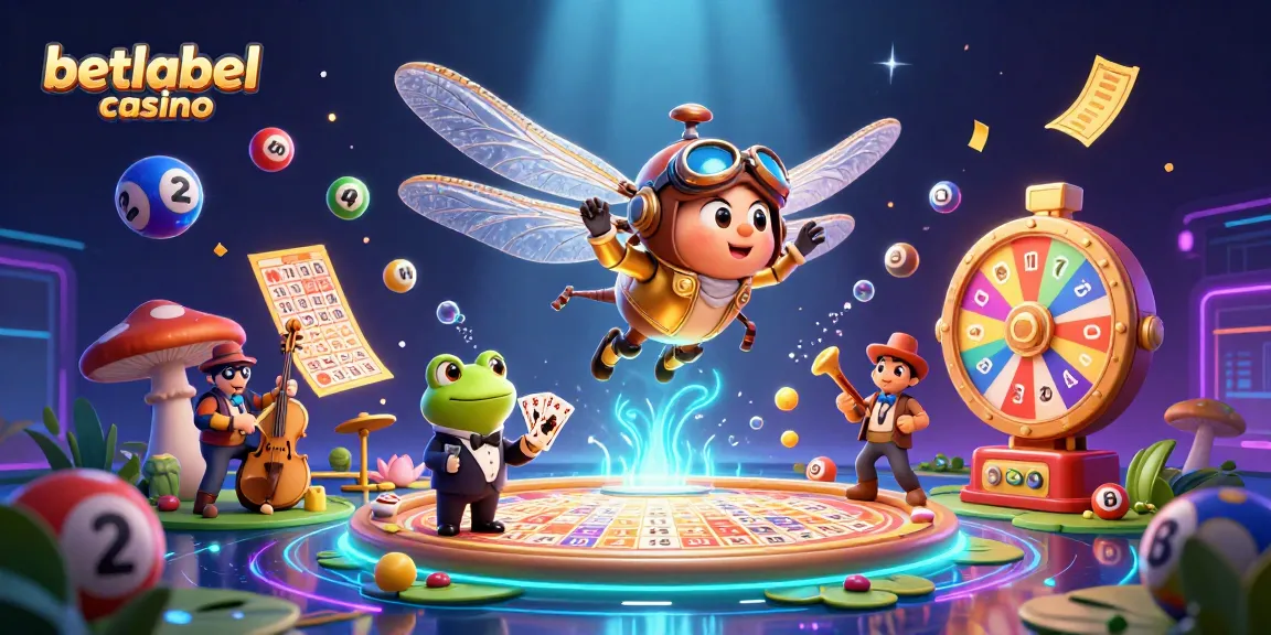 Experience thrilling gaming at betlabel casino with a vibrant dragonfly pilot, frog croupier, and jazz musicians