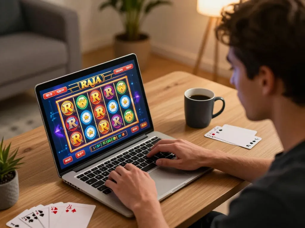 Player engaged in a raja slot game strategy using a laptop in a cozy home environment.