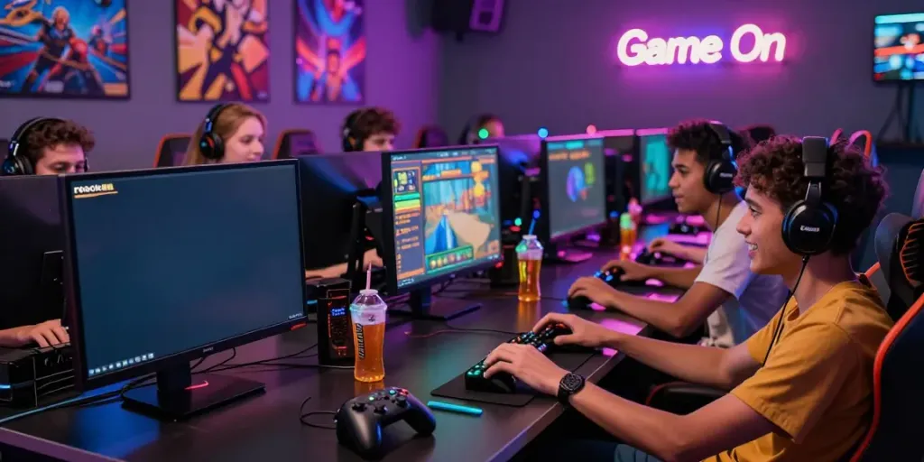 Exciting gaming scene with friends playing rokok88 slot, vibrant colors, and gaming gear.