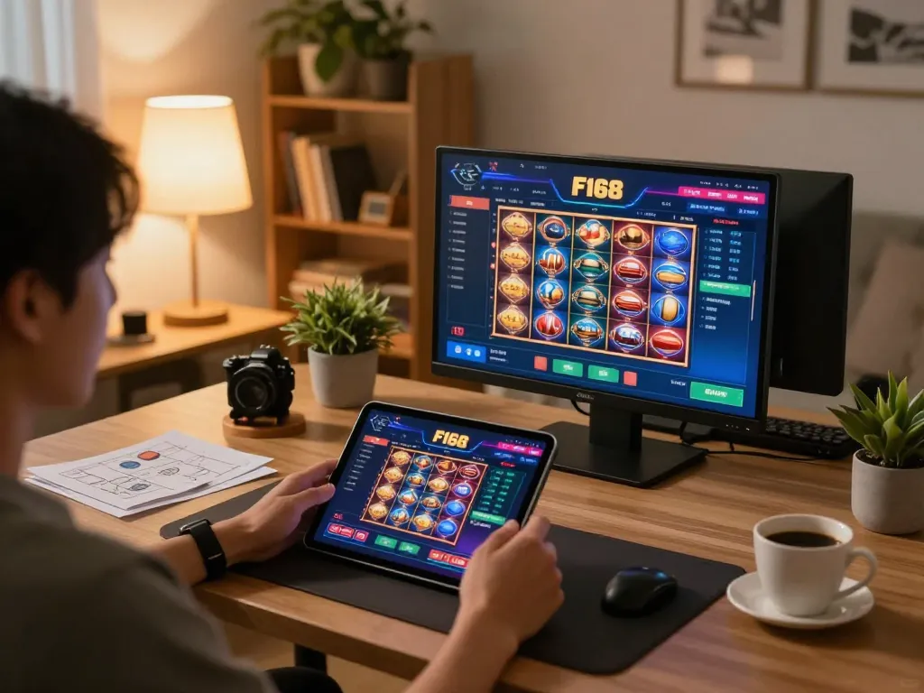 Engaging with nhà cái F168 on a tablet in a cozy home setting, showcasing online gambling