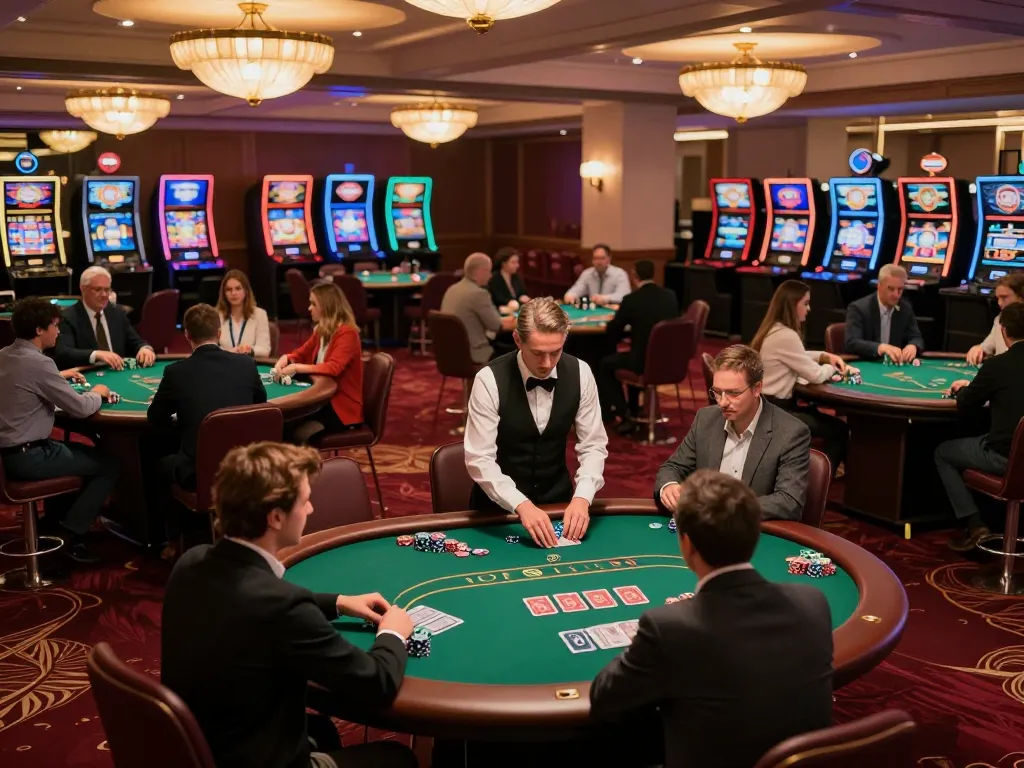 cm88 casino players enjoying poker at elegant tables with vibrant slot machines in the background
