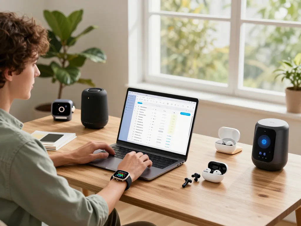 Person working in a modern office with smart tech gadgets like a laptop, smartwatch, and Bluetooth earbuds.