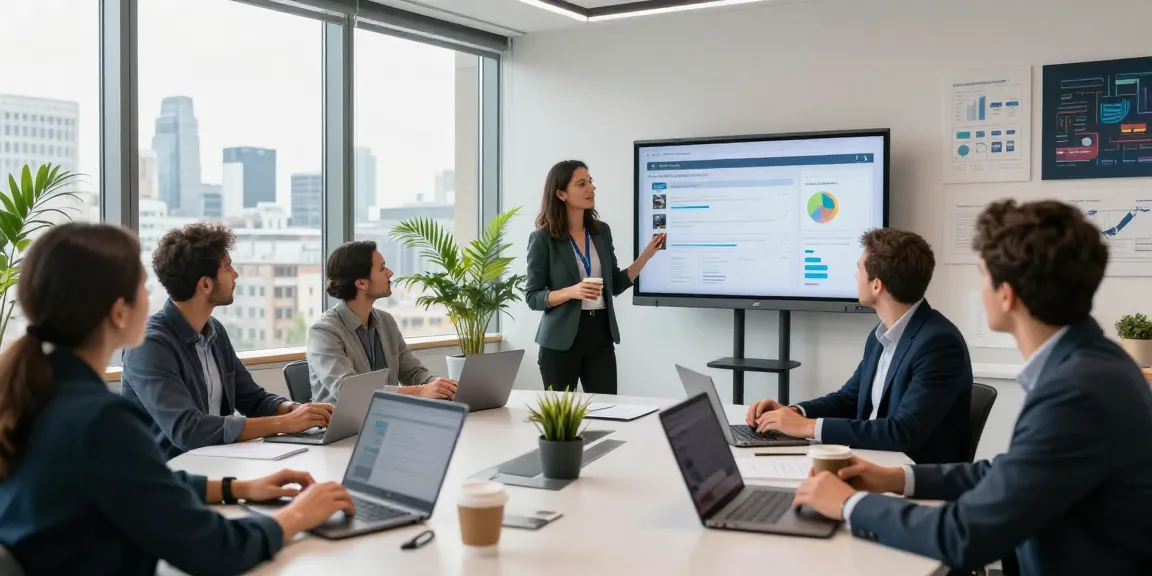 IT helpdesk services London team engaging in collaboration and analytics presentation in a modern office