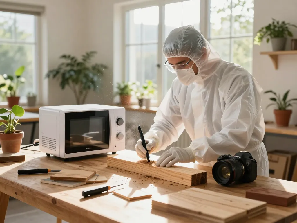 Un tecnico utilizza la tecnologia microonde antitarlo in un'accogliente officina domestica per un efficace controllo dei parassiti.