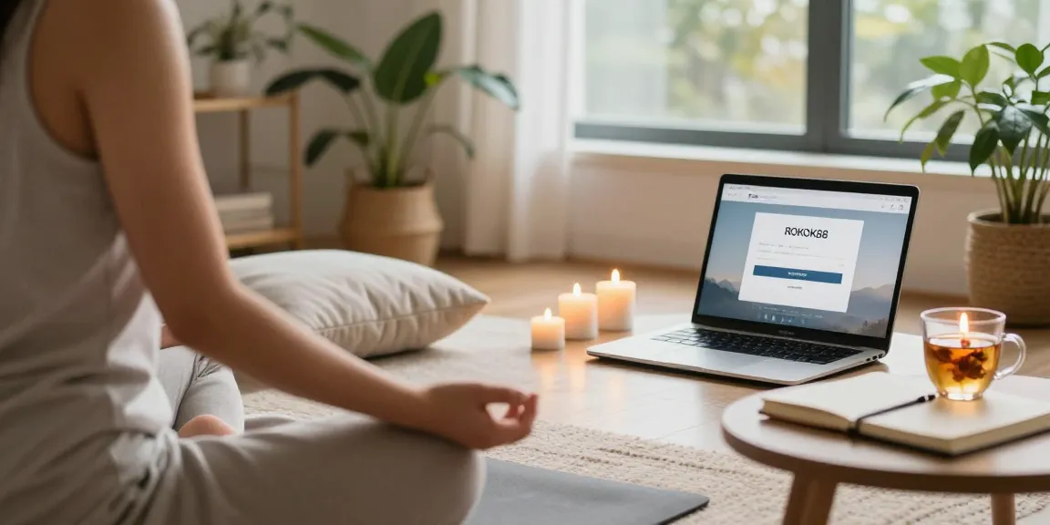 Mindfulness meditation in a cozy space with ROKOK88 login on the laptop, promoting wellness.