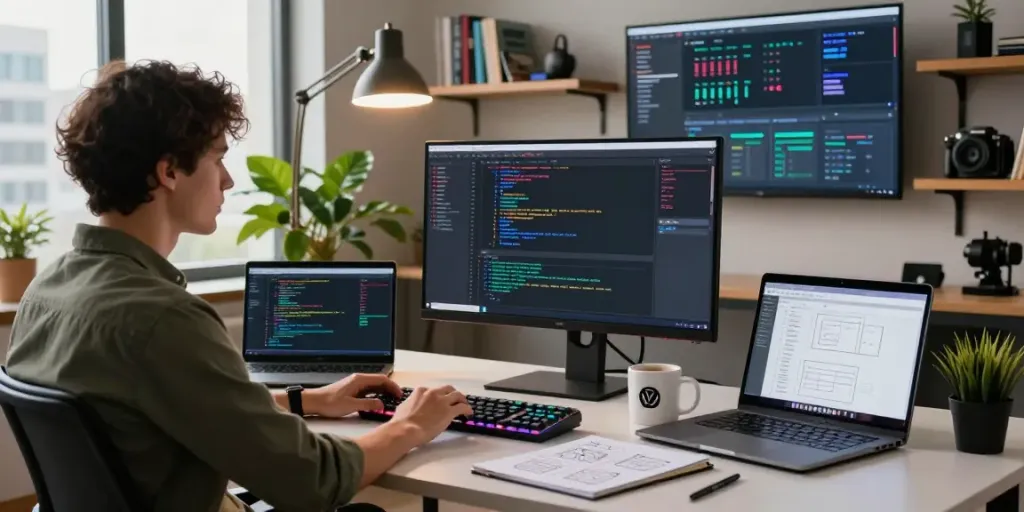 Dynamic software development workspace with ggsoft code on screens and collaborative tools.