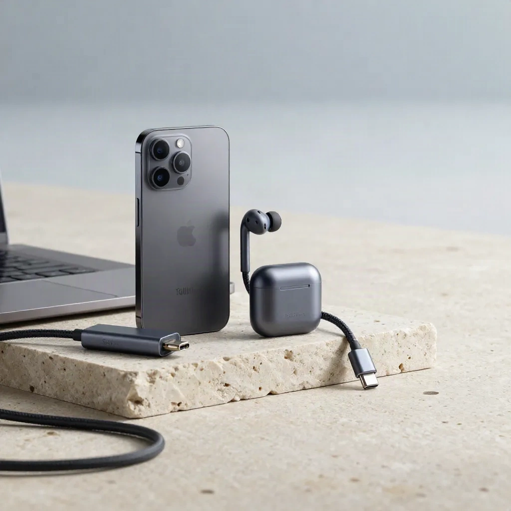 Smartphone, laptop, hub USB-C, earbuds e cavi su pietra chiara in luce soffusa.