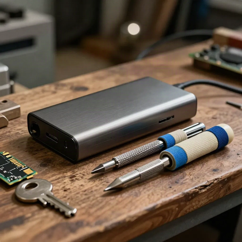 Banco riparazioni con power bank, RAM, cacciaviti e fascette antistatiche su fondo scuro.
