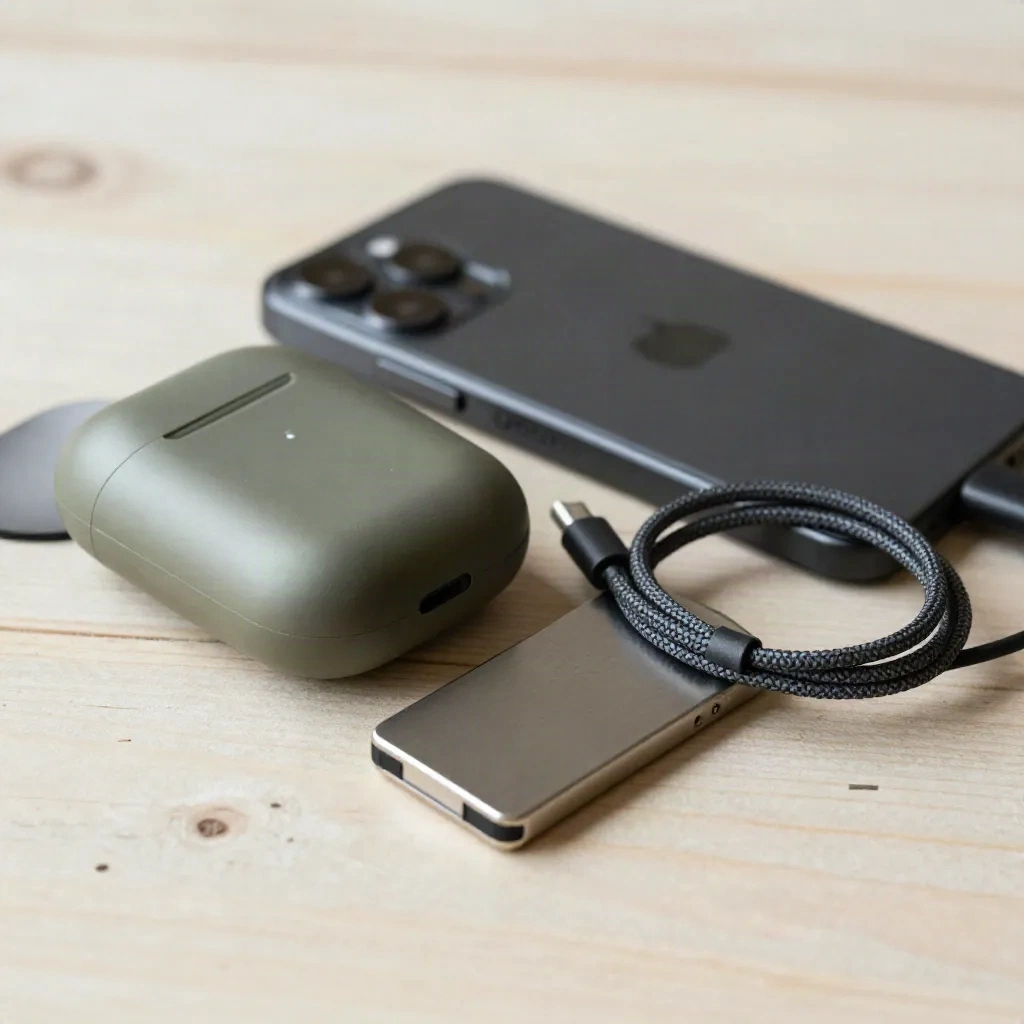 Smartphone chiuso, custodia auricolari, cavo corto e mini SSD su legno chiaro.