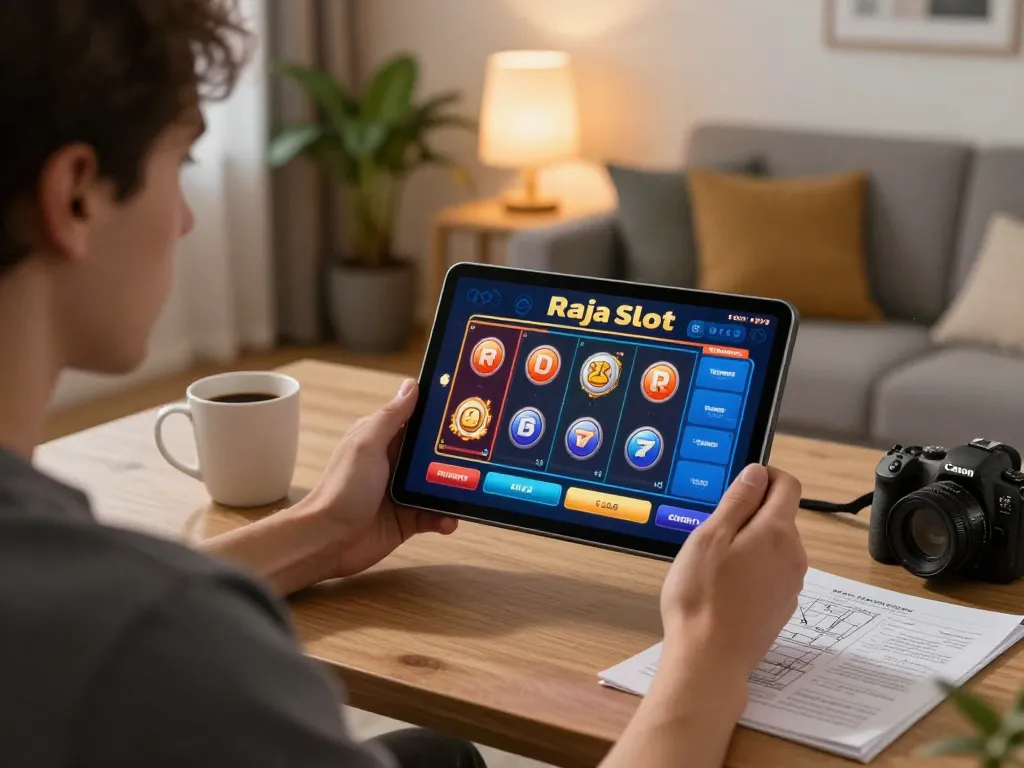 Pengguna yang terlibat bermain raja slot di tablet, pengaturan rumah yang nyaman dengan catatan strategi.