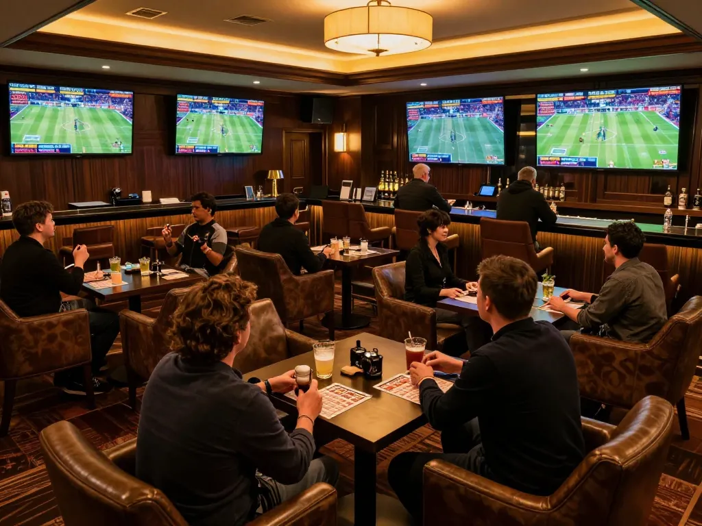 Experience exciting betting moments at 8kbet's upscale sports lounge with live game displays