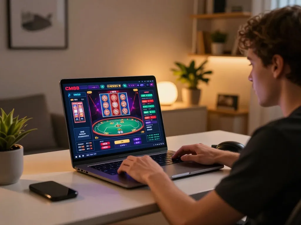 Enjoying an online CM88 gaming session at home with vibrant slot machine displays and cozy atmosphere.
