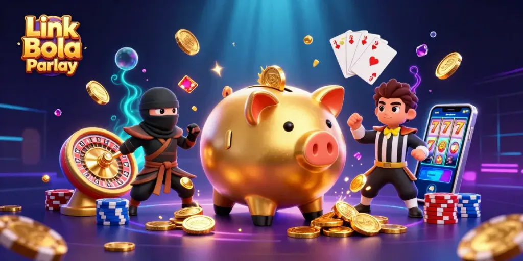Experience the thrill of Link Bola Parlay with an exciting scene of a piggy bank sumo wrestler and samurai referee amidst vibrant casino elements.