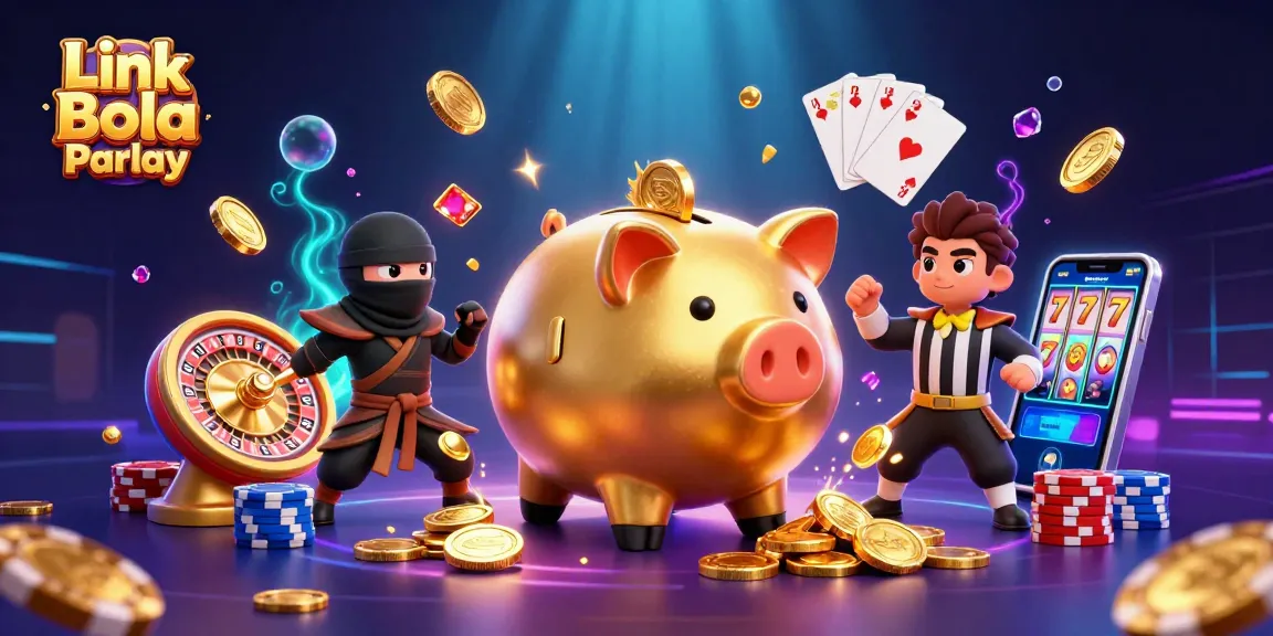 Experience the thrill of Link Bola Parlay with an exciting scene of a piggy bank sumo wrestler and samurai referee amidst vibrant casino elements.