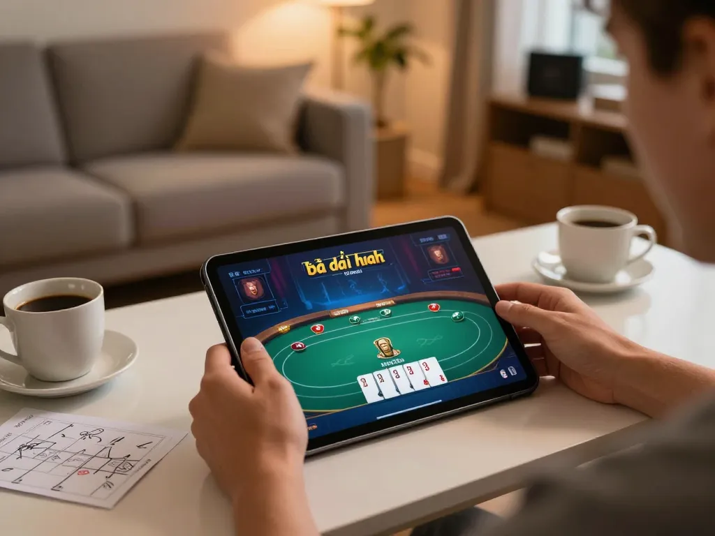 Player enjoying game bài đổi thưởng on a tablet with strategy notes and a coffee cup