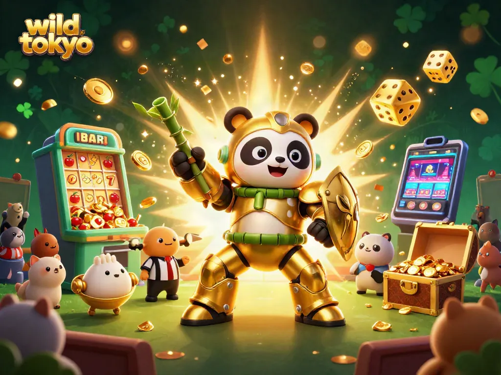 Experience the thrill of wild tokyo with a golden panda robot amid jackpot slots and vibrant casino games.