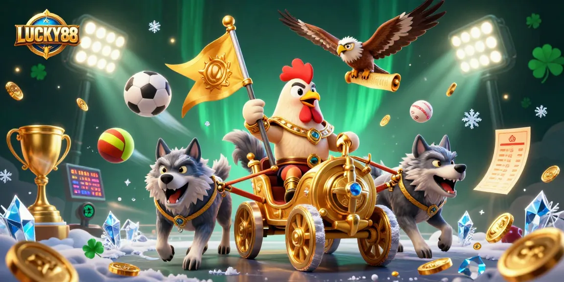 Experience excitement at LUCKY88 with a dynamic scene of a rooster warlord and sports elements.
