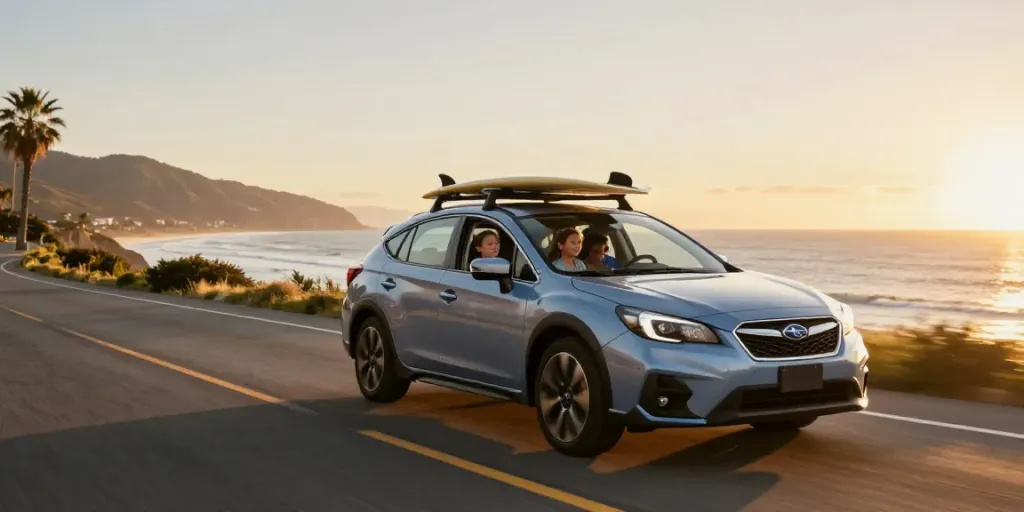 Scena di noleggio lungo termine Subaru con famiglia in viaggio sulla costa al tramonto.