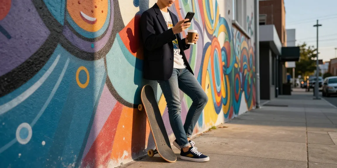 Stylish urban individual showcasing rokok88 fashion in vibrant city scene