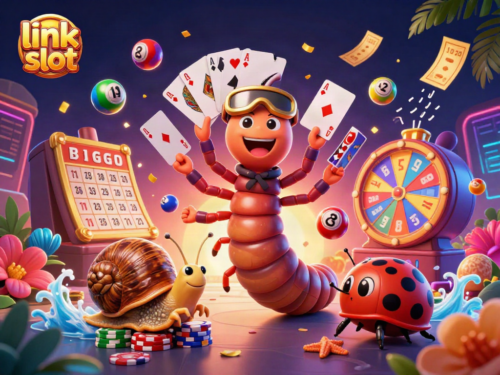 Engage with link slot excitement through a vibrant 3D illustration featuring animated casino elements.