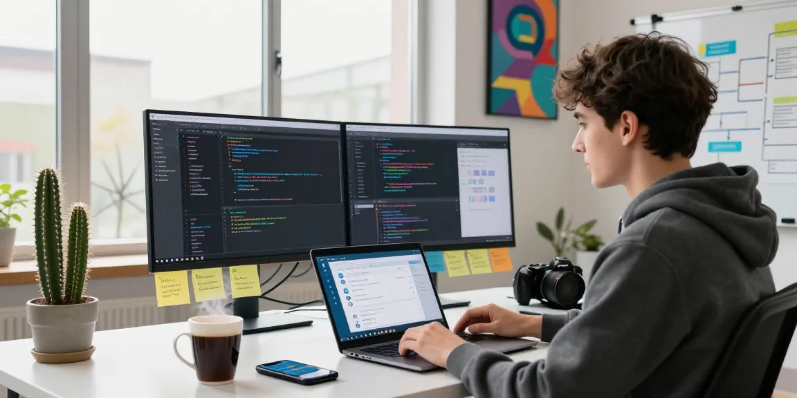 Developer working on Telegram web version in a modern workspace.