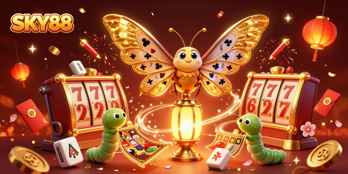 Experience the thrill of SKY88 with animated card suits, slot reels, and festive decorations in this engaging casino scene.