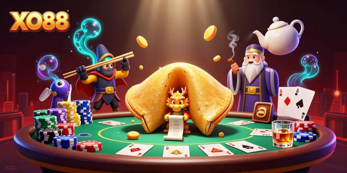 Engage in thrilling gameplay with XO88 as fortune cookie characters enhance card and poker chip battles.