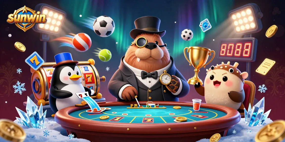 Win big at Sunwin with a lively underwater poker game featuring a walrus, penguin dealer, and playful pufferfish.