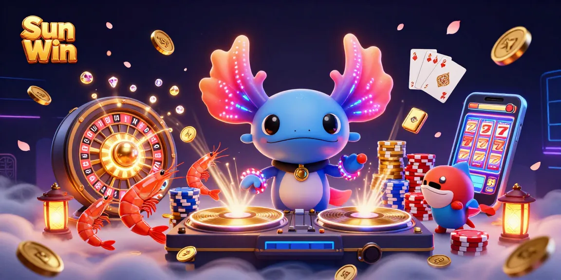 Spin to win at Sun Win's colorful casino scene filled with neon characters and lively elements.