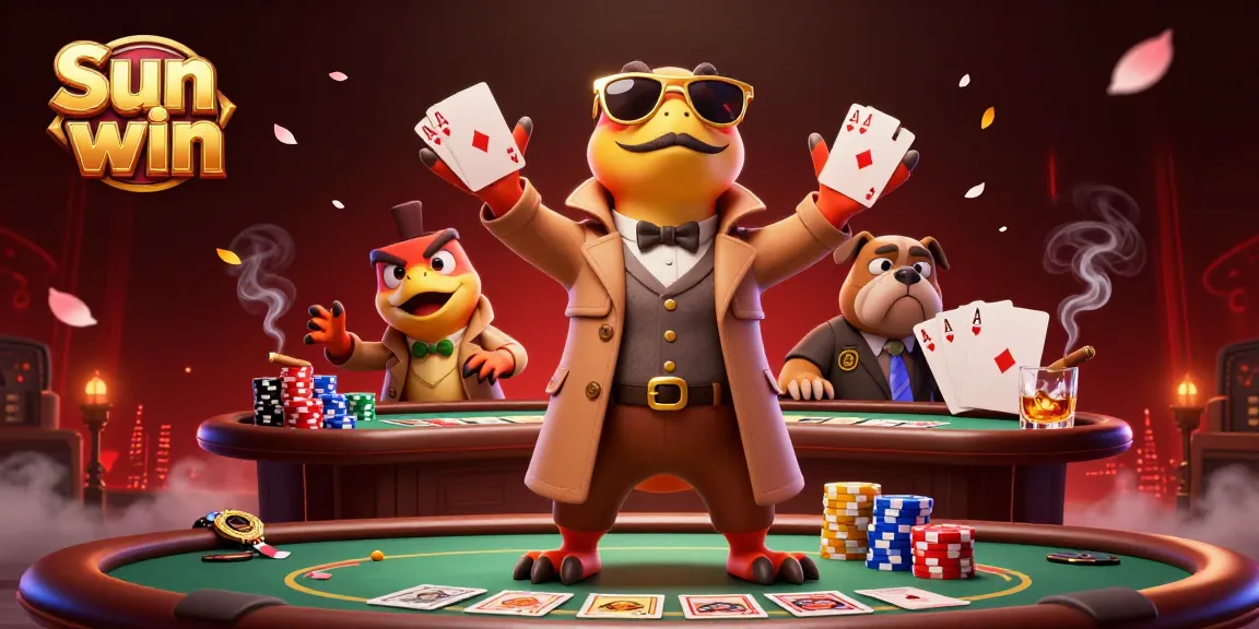 Experience thrilling wins at Sun win with cartoon raptors in a casino scene surrounded by poker elements.