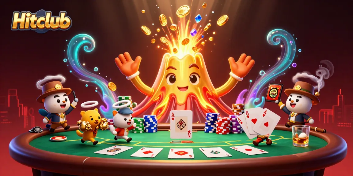 Experience victory at Hitclub with a golden volcano erupting treasures amidst a thrilling poker scene.