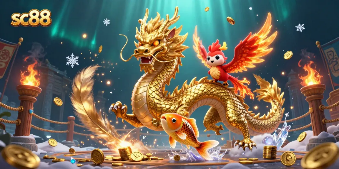 Experience thrilling sc88 gaming with a golden dragon, phoenix, and koi in a vibrant casino scene.