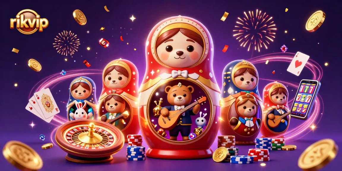 Play thrilling games at rikvip with exciting casino elements and vibrant characters in this 3D illustration.